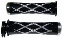 ANODIZED BLACK SUZUKI GRIPS, CURVED IN, CRISS CROSSED, FLAT ENDS (PRODUCT CODE# A3251B)