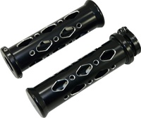 UNIVERSAL ANODIZED BLACK GRIPS WITH FLAT ENDS & DIAMOND CUT-OUT, SEE FITMENTS BELOW (PRODUCT CODE: A4286B)