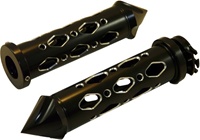 UNIVERSAL ANODIZED BLACK GRIPS WITH POINTED ENDS & DIAMOND CUT-OUT, SEE FITMENTS BELOW (PRODUCT CODE: A4286BP)